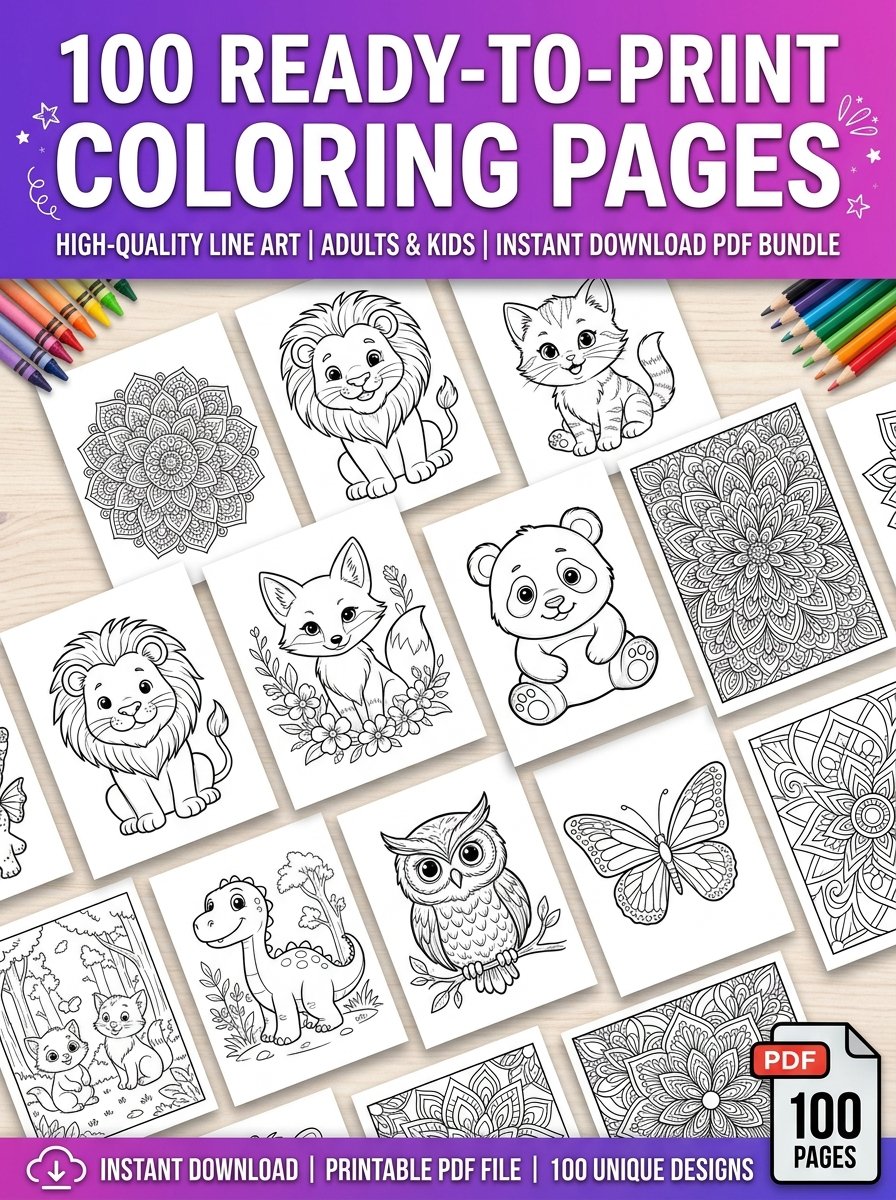 100 Ready-to-Use Coloring Pages — bonus collection mockup