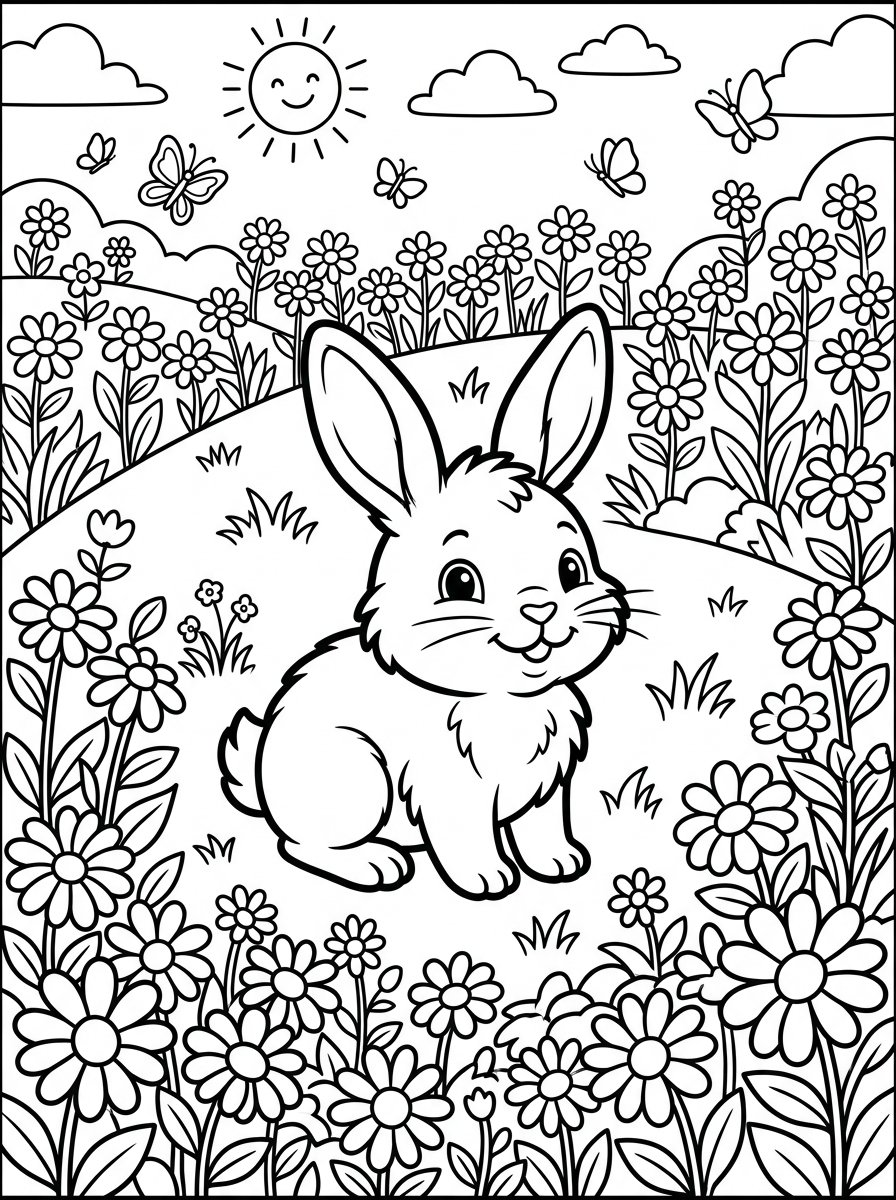 Coloring page output — Baby Bunny in Flower Garden generated from the library prompt