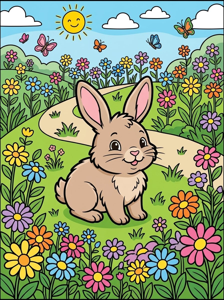 Colored reference — bunny in flower garden artwork showing color treatment